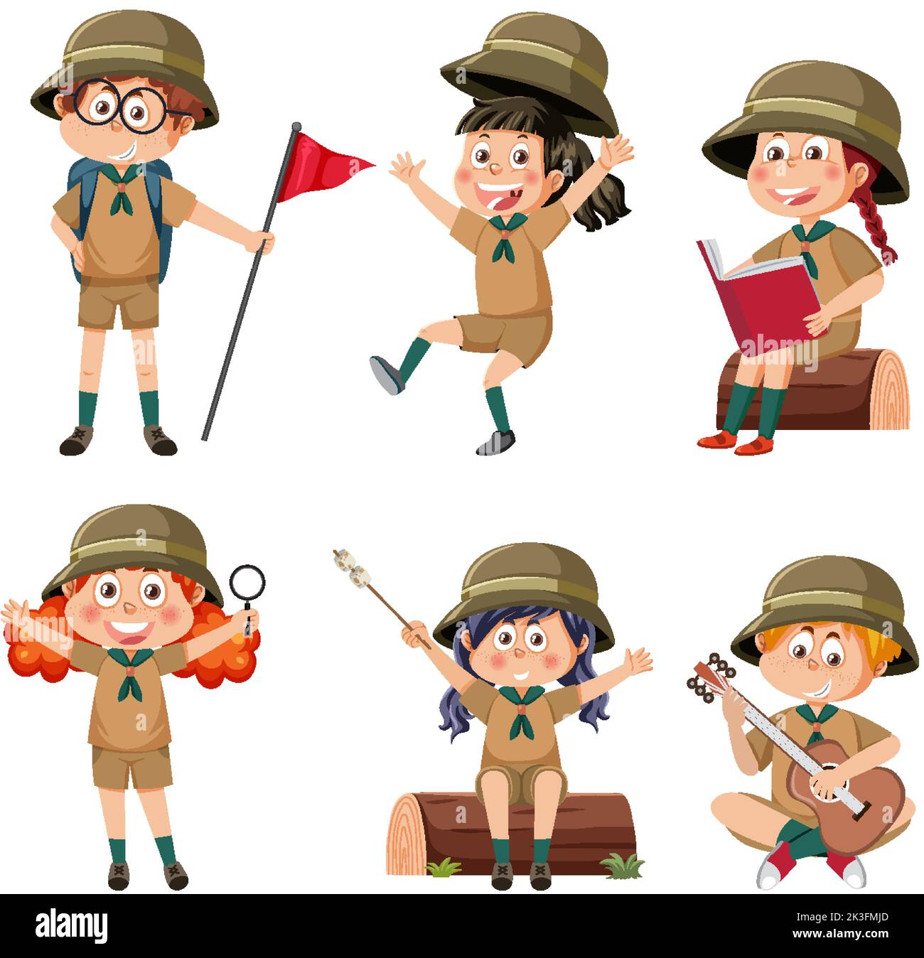 Set Of Cartoon Character In Camping Outfit Illustration Stock Vector 