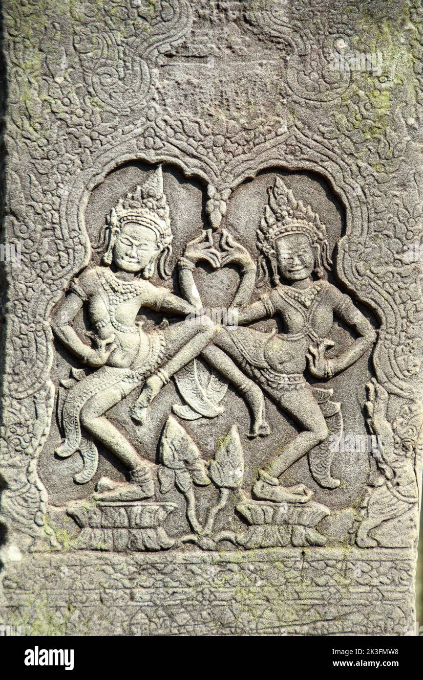 Cambodia. Siem Reap. The archaeological park of Angkor. A bas relief of Aspara dancer at Bayon Temple 12th century Hindu temple Stock Photo