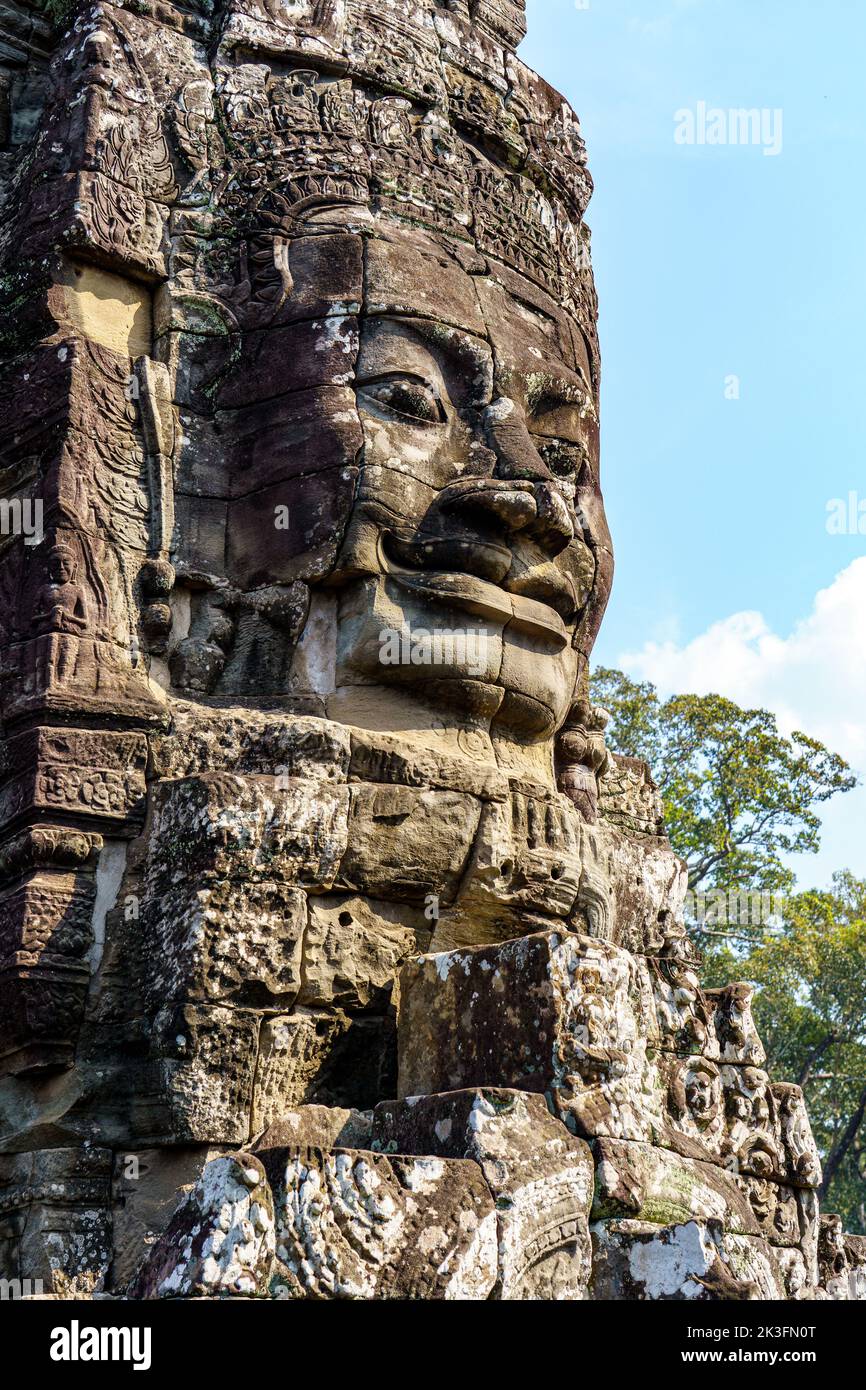 Cambodia. Siem Reap. The archaeological park of Angkor. Head of Buddha sculpture at Bayon Temple 12th century Hindu temple Stock Photo