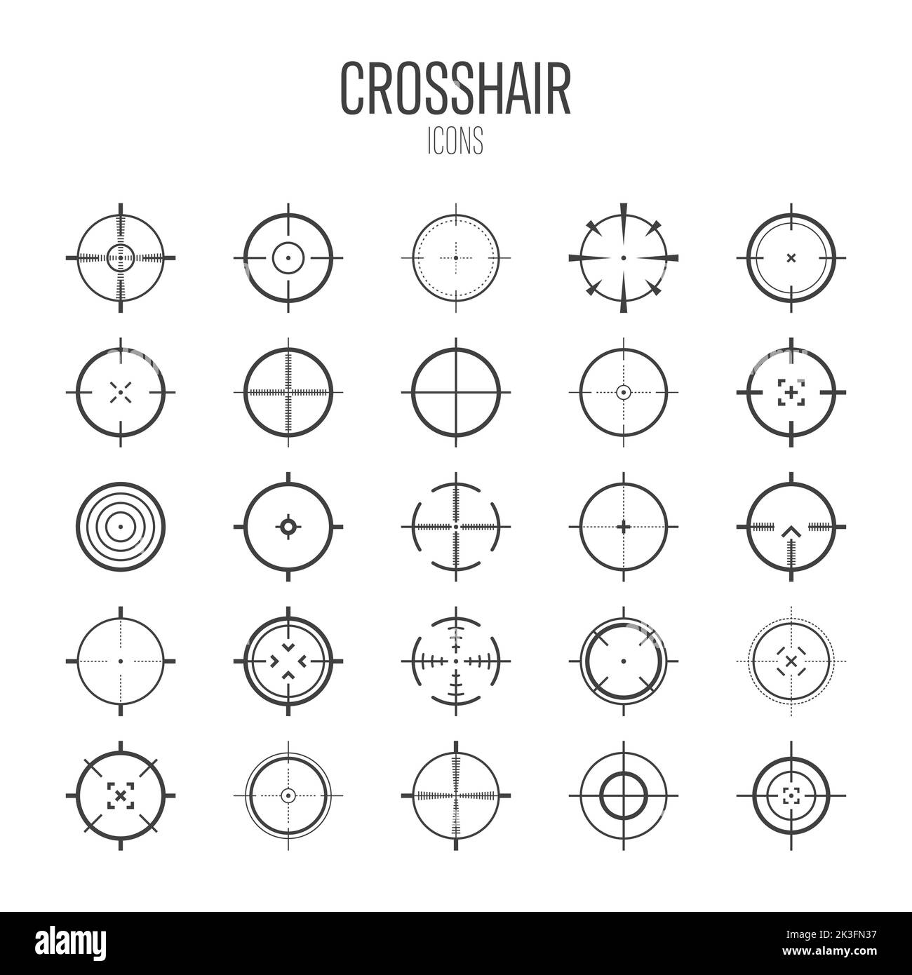 Crosshair, gun sight vector icons. Bullseye, black target or aim symbol