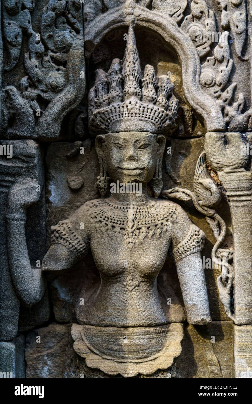 Cambodia. Siem Reap. The archaeological park of Angkor. A bas relief sculpture of Devata at Preah Khan 12th century Hindu temple Stock Photo