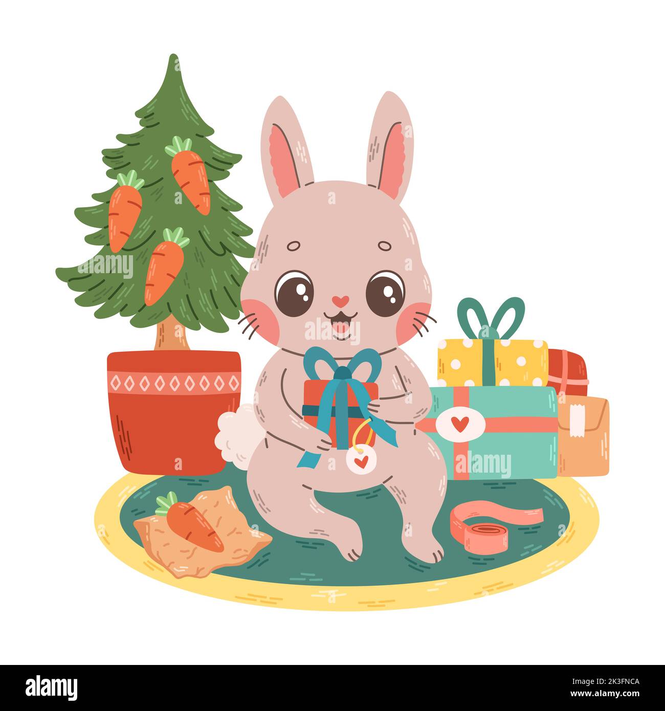 Cute rabbit packing presents near Christmas tree Stock Vector