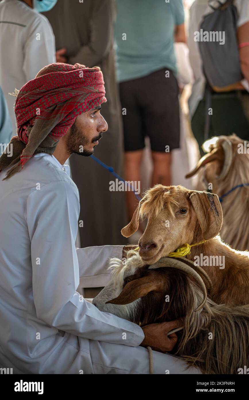 A young man offering goats at the friday morning cattle market, Nizwa, Oman Stock Photo
