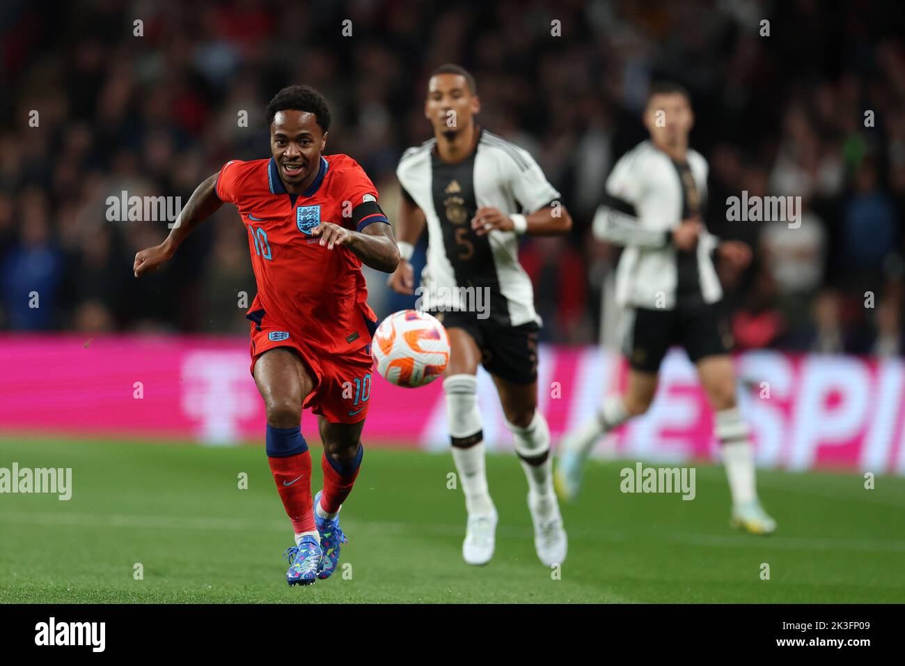 London, UK. 26th Sep, 2022. Raheem Sterling of England in action. England v Germany, UEFA Nations league International group C match at Wembley Stadium in London on Monday 26th September 2022. Editorial use only. pic by Andrew Orchard/Andrew Orchard sports photography/Alamy Live News Credit: Andrew Orchard sports photography/Alamy Live News Stock Photo