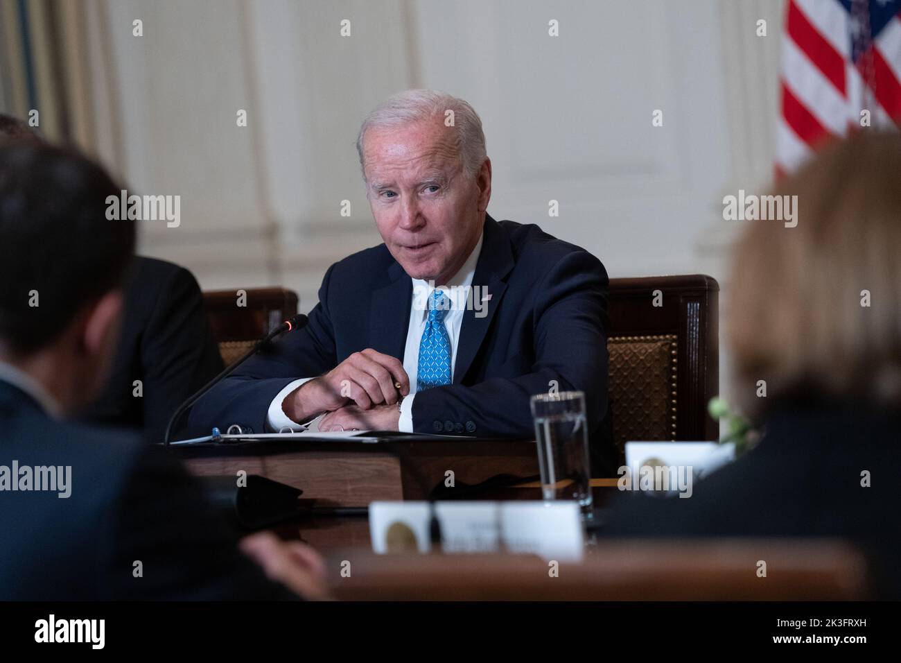 Washington, United States. 26th Sep, 2022. United States President Joe Biden delivers remarks at the third meeting of the White House Competition Council highlighting the progress made on the competition agenda at the White House in Washington, DC on Monday, September 26, 2022. The White House believes lack of competition drives up prices for consumers and drives down wages for workers. Photo by Chris Kleponis/UPI Credit: UPI/Alamy Live News Stock Photo