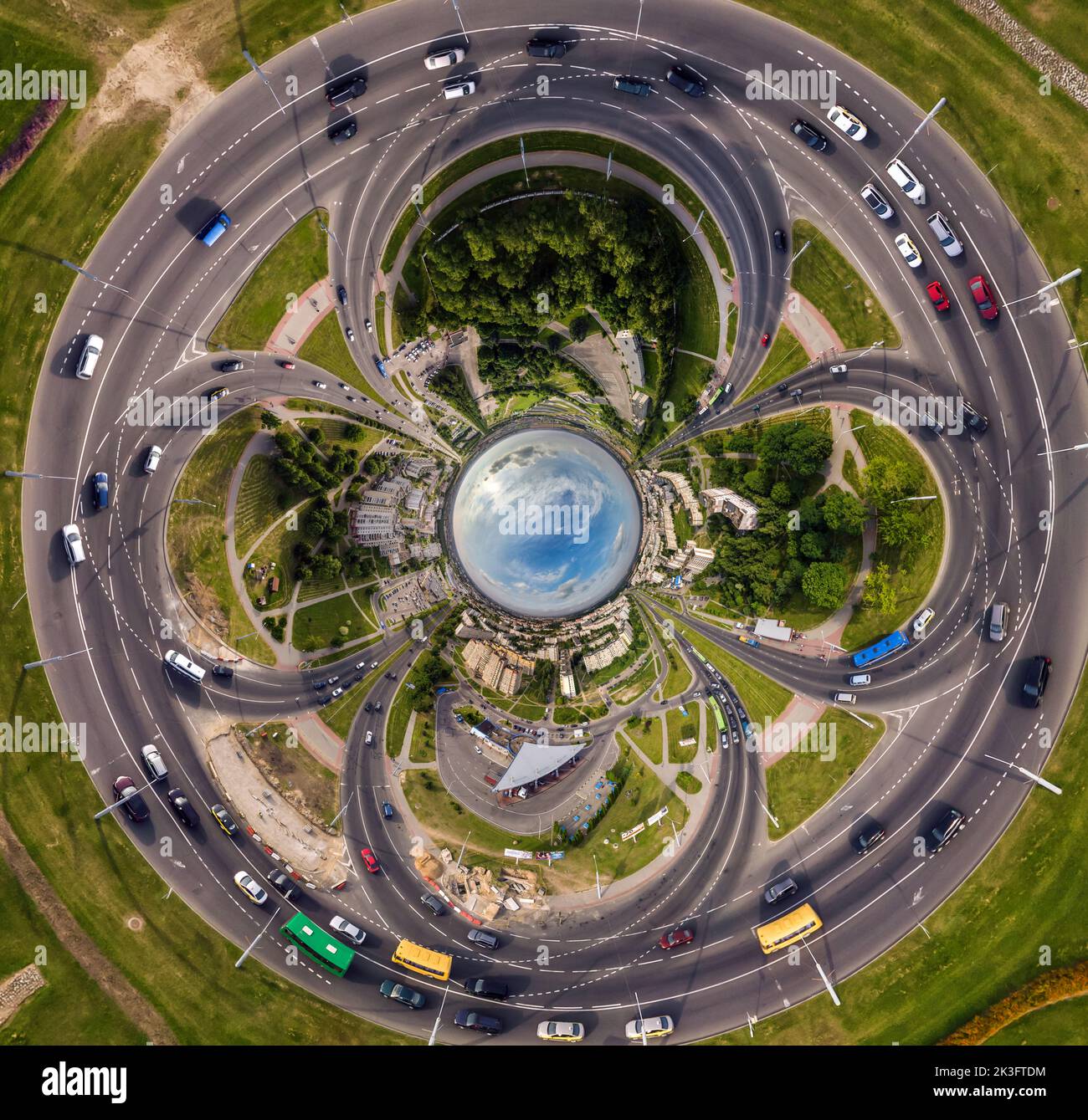 blue sphere inside overlooking old town, urban development, historic ...