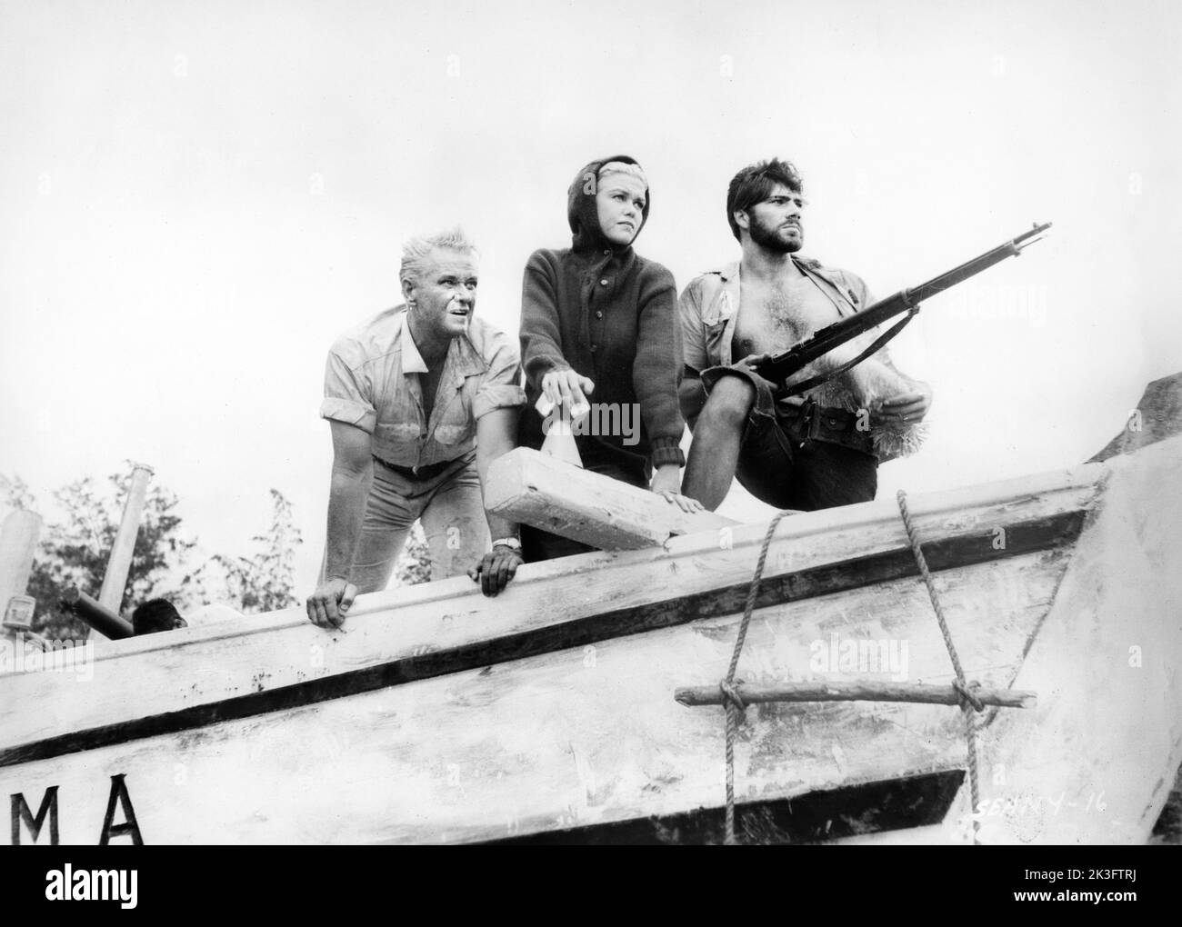 David Brian (left), Lynette Bernay (center), on-set of the Film, 'Ghost of the China Sea', Columbia Pictures, 1958 Stock Photo