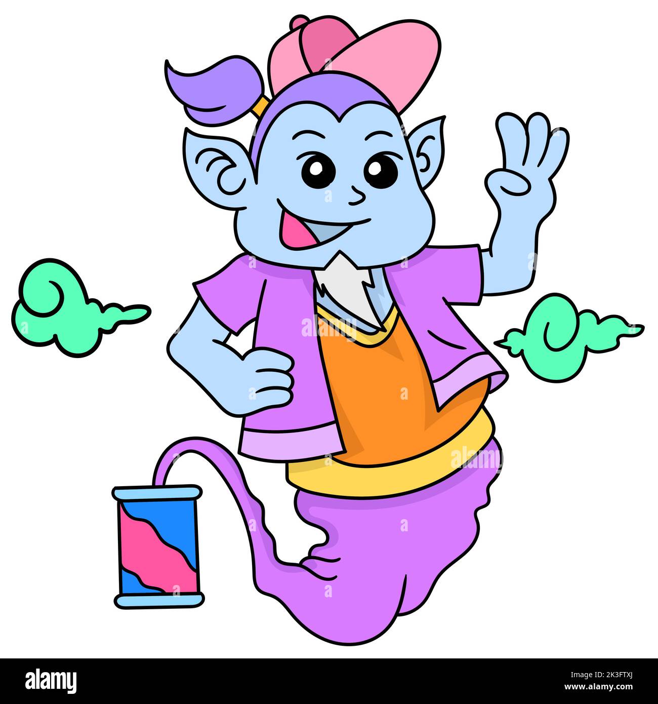 An editable cartoon style doodle of a jinn with a cap and jacket, appearing from a can Stock Vector