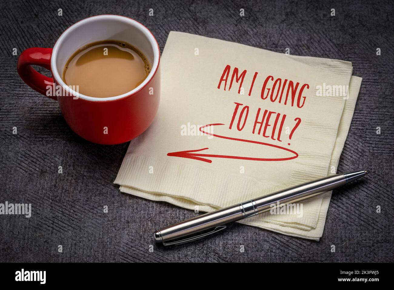 Am I going to hell? A question handwritten on a napkin with a cup of coffee. Damnation and eternal punishment concept. Stock Photo