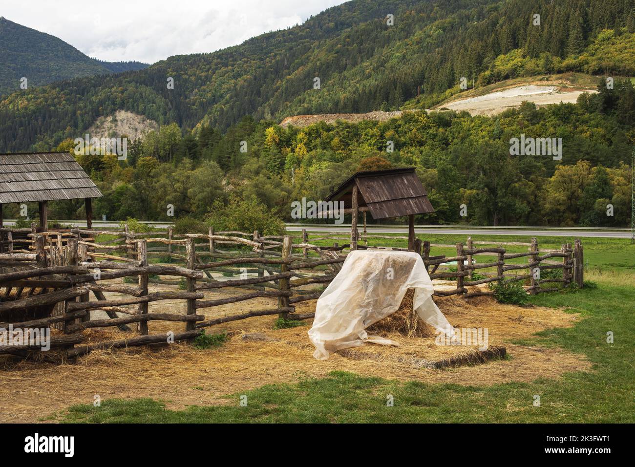 Wooden barn on animal farm.Spring season. Stock Photo