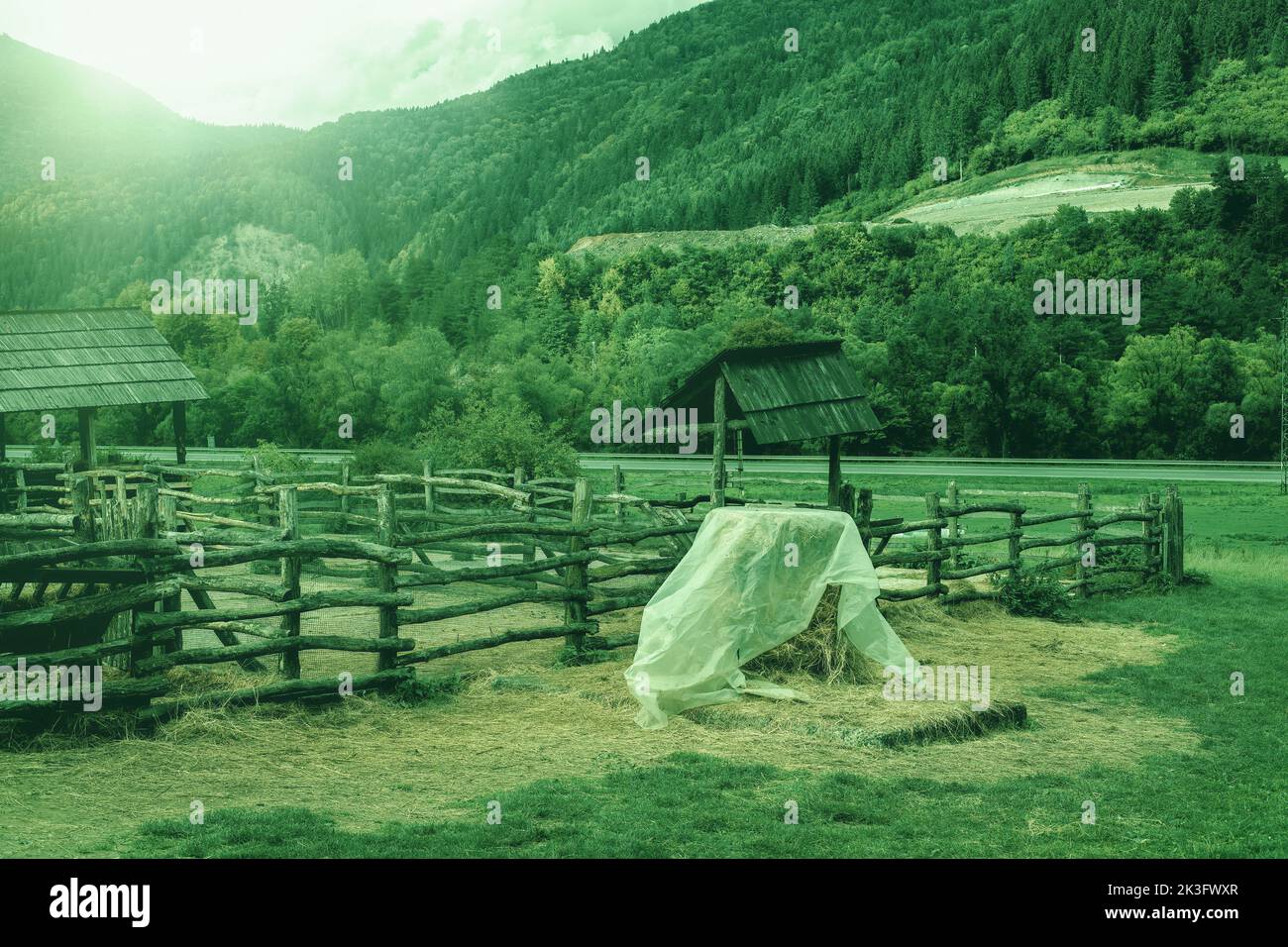 Wooden barn on animal farm.Spring season. Stock Photo
