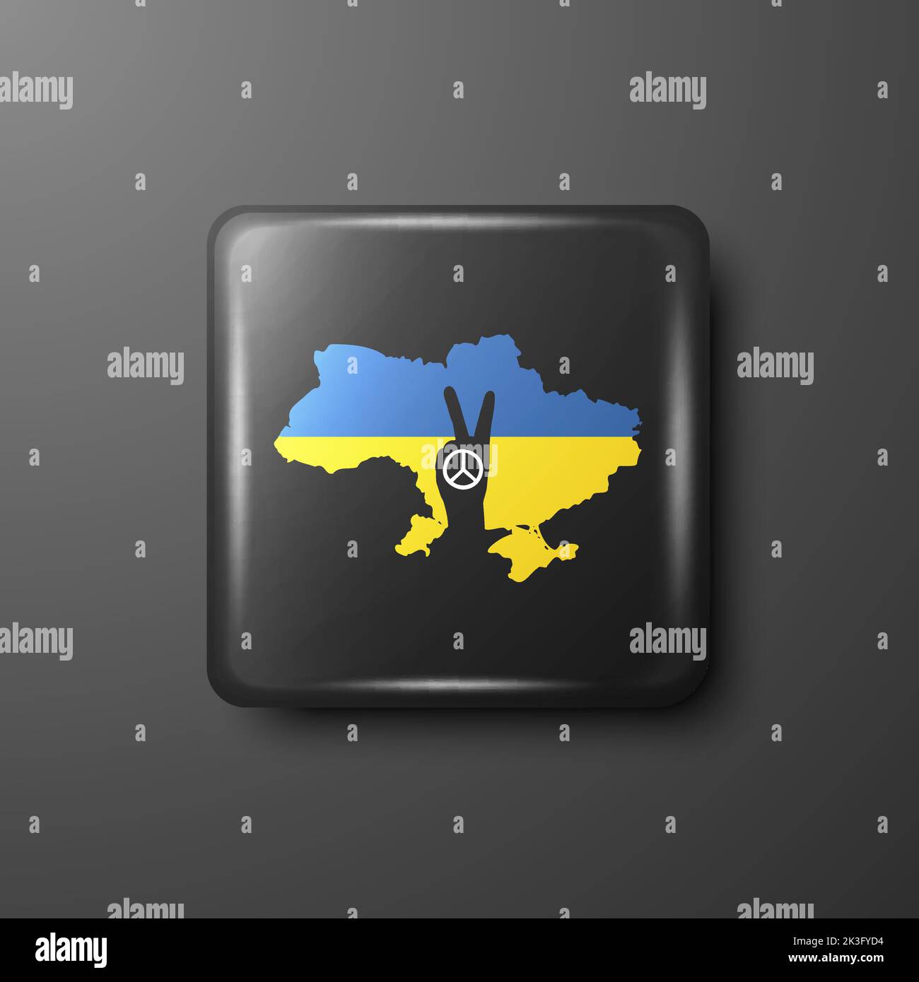 Anti War Call with Peace Gesture on Ukranian Map and Flag. Black Button Pin Badge. Struggle, Protest, Support Ukraine, Slogan. Vector Illustration Stock Vector