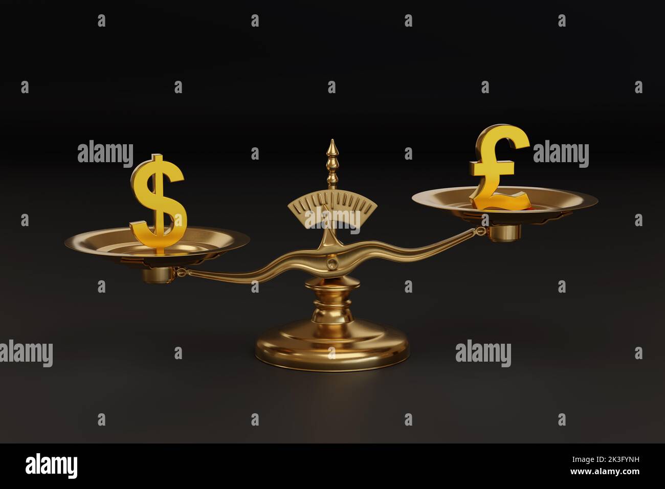 Balance scales with dollar and pound signs on their plates. 3d illustration. Stock Photo