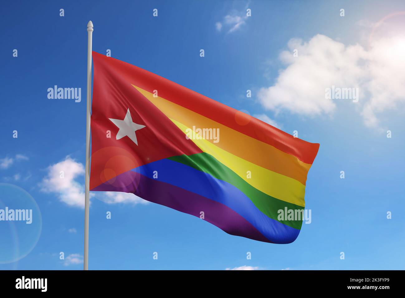 Cuba flag with rainbow colors on sky background. LGBT concept. 3d illustration. Stock Photo