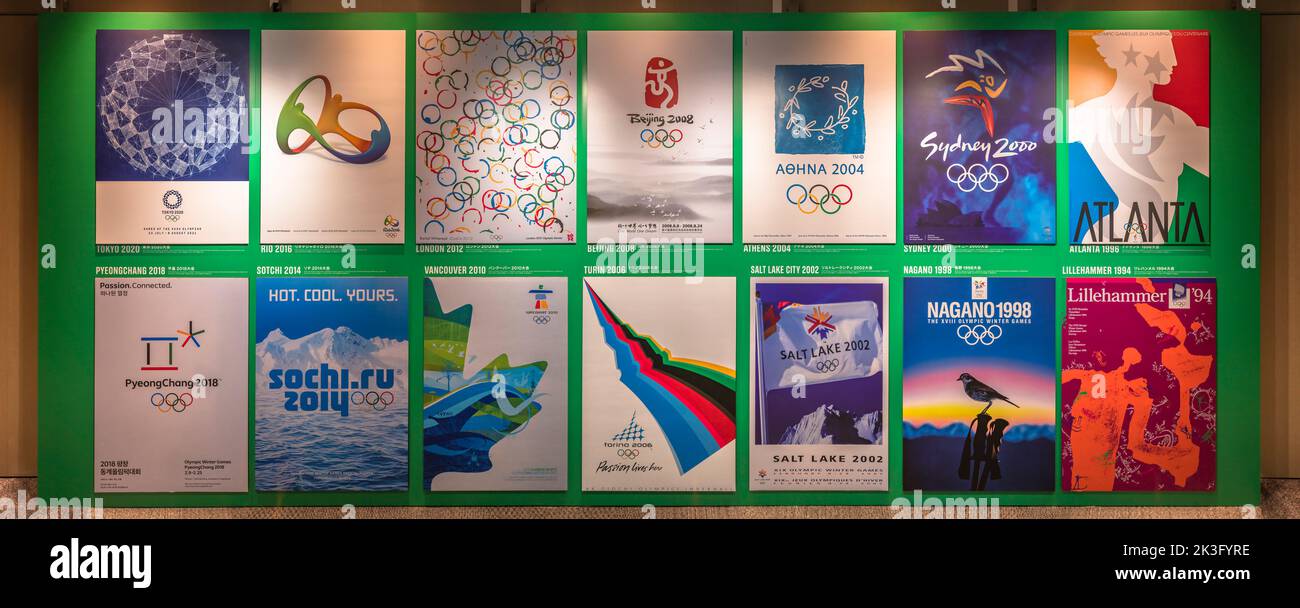 tokyo, japan - august 10 2021: Series of olympian posters of the latest fourteen winter and summer olympics games from Lillehammer 1994 to Tokyo 2020 Stock Photo