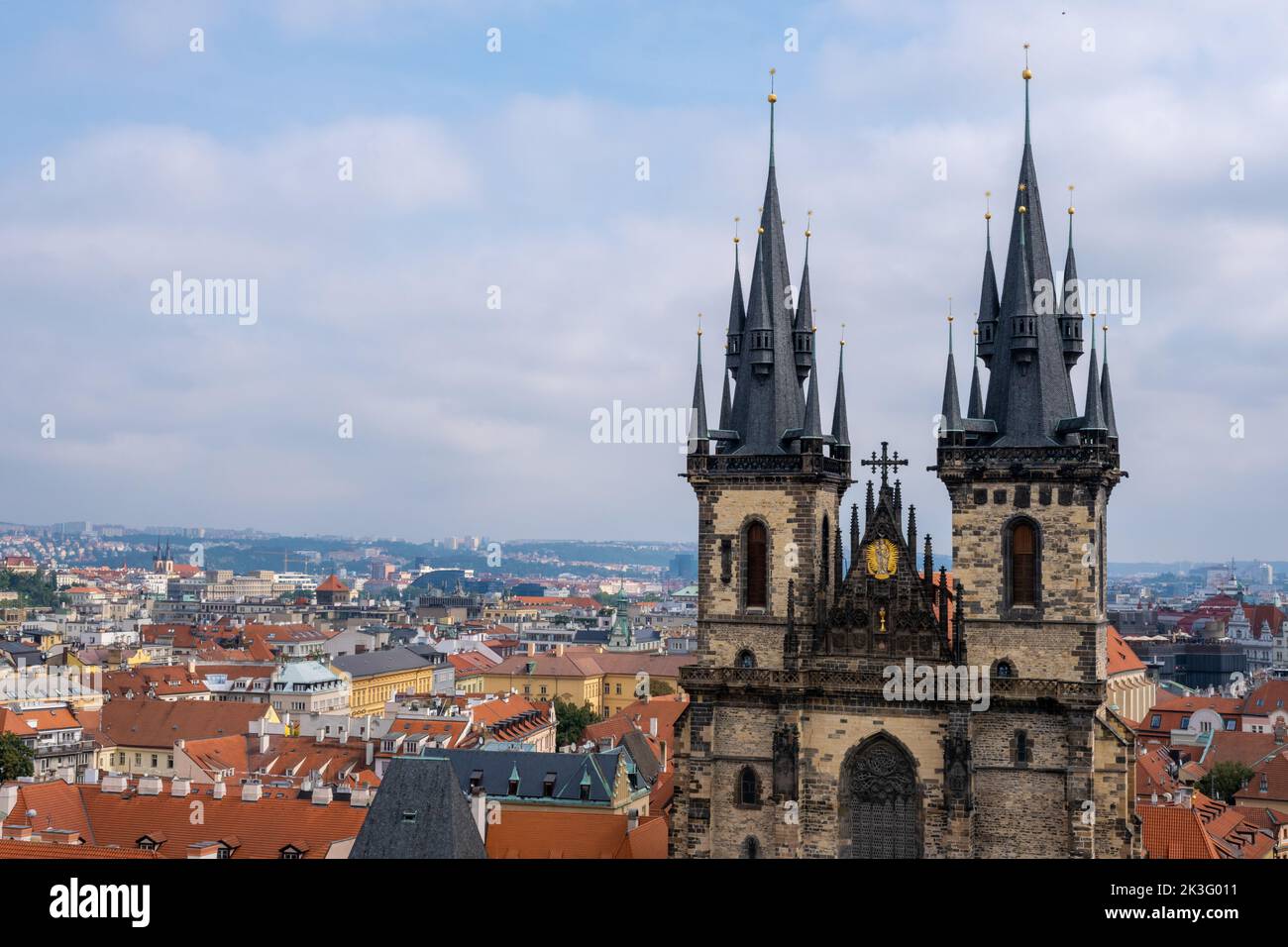 Prague, Czech Republic - 5 September 2022: Panoramic aerial view of Prague from Old Town Hall, Church of Our Lady before Tyn Stock Photo
