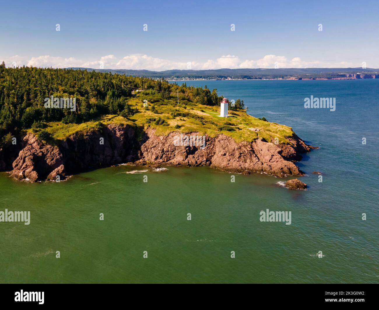 Aerial view of Lighthouse at Quaco Head UNESCO Fundy Biosphere Reserve in Canada scenic place Stock Photo