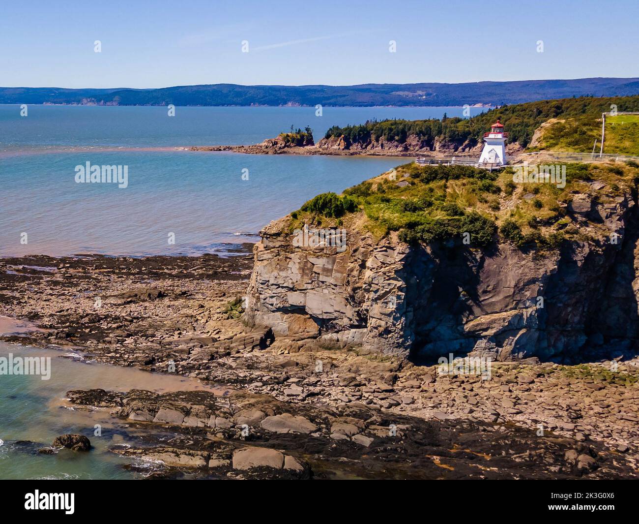 Aerial view of Lighthouse at Fundy's Cape Enrage Fundy Biosphere Reserve in Canada Stock Photo