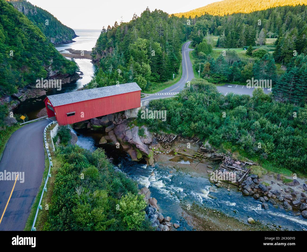 Aerial view of Point Wolfe Covered Bridge Fundy Biosphere Reserve in Canada Stock Photo