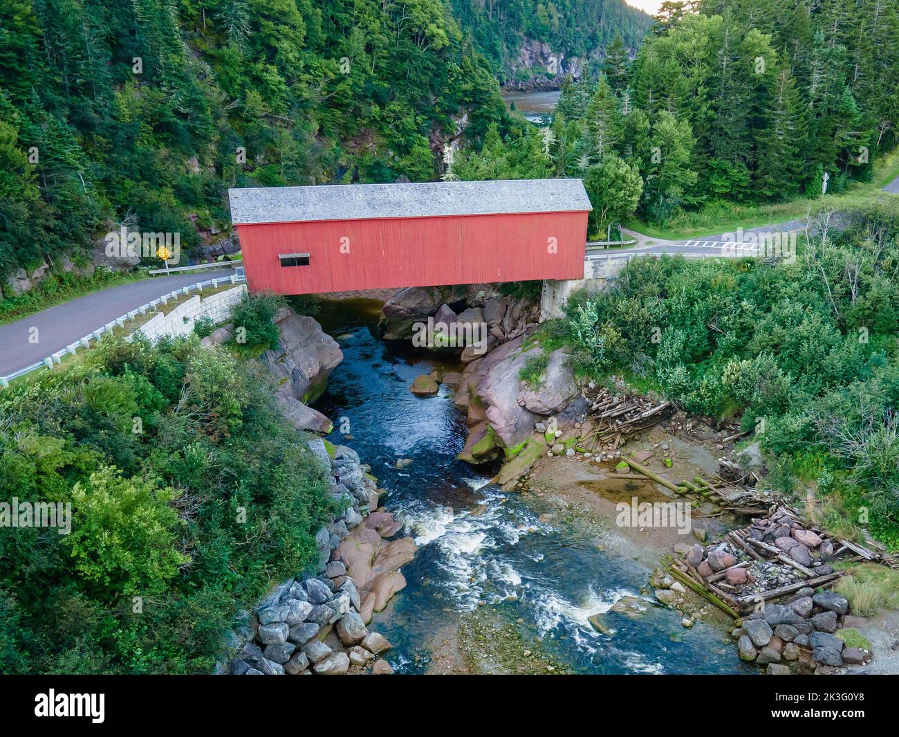 Aerial view of Point Wolfe Covered Bridge Fundy Biosphere Reserve in Canada Stock Photo