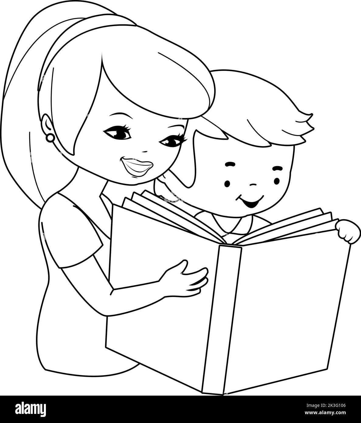 Mother and child reading a book. Vector black and white coloring page Stock Vector