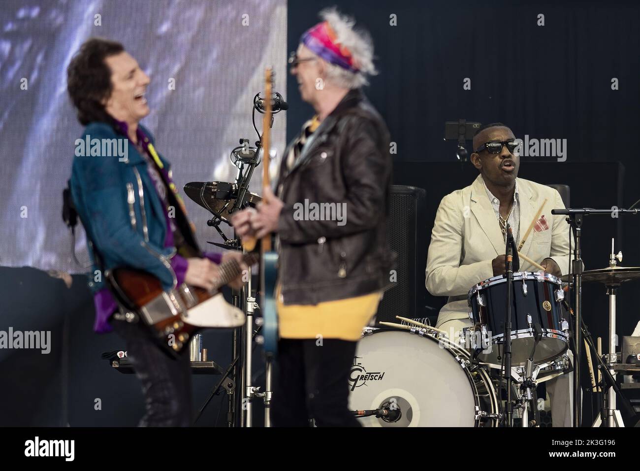 LONDON, ENGLAND: The Rolling Stones perform on the Great Oak Stage at the British Summer Time Festival in Hyde Park. Featuring: Ronnie Wood, Keith Richards, Steve Jordan Where: London, United Kingdom When: 25 Jun 2022 Credit: Neil Lupin/WENN Stock Photo