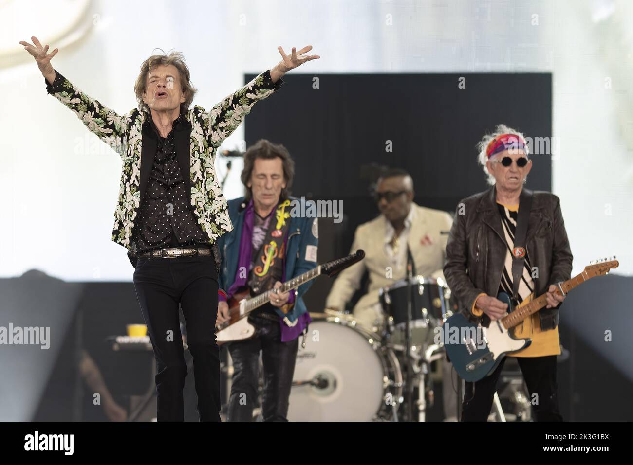LONDON, ENGLAND: The Rolling Stones perform on the Great Oak Stage at the British Summer Time Festival in Hyde Park. Featuring: Mick Jagger, Ronnie Wood, Steve Jordan, Keith Richards Where: London, United Kingdom When: 25 Jun 2022 Credit: Neil Lupin/WENN Stock Photo