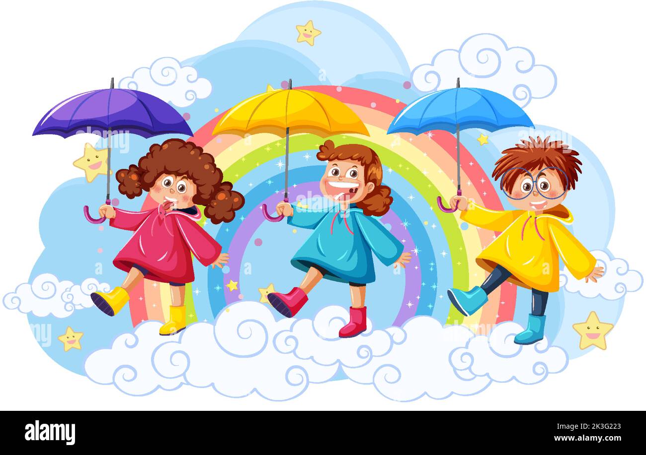 Children on cloud with rainbow illustration Stock Vector Image & Art ...