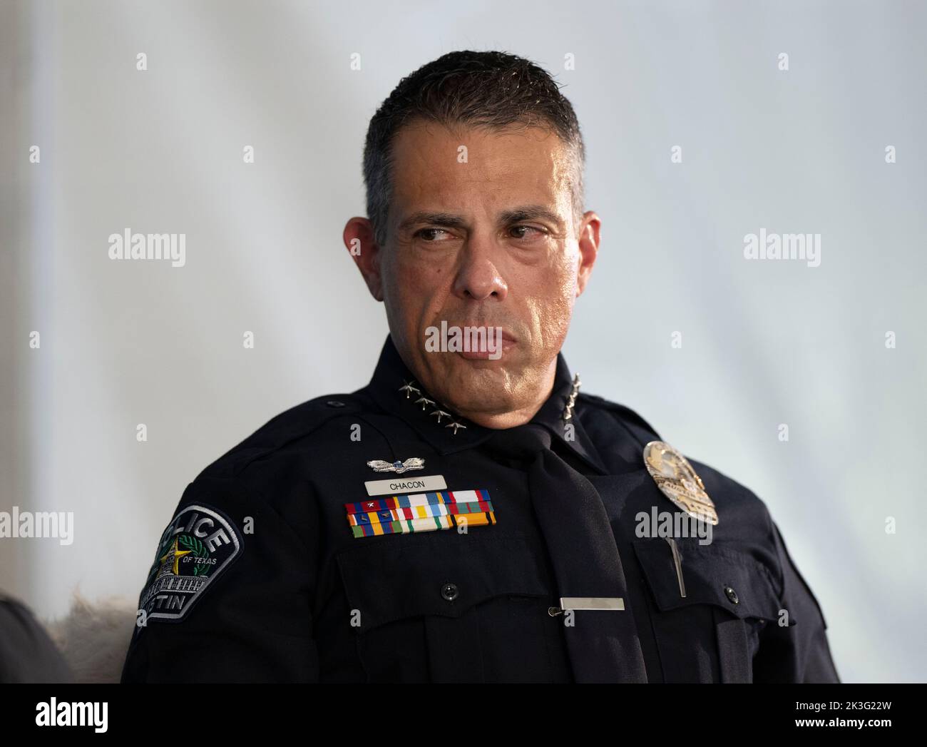 Austin Texas USA, September 24, 2022: Austin police chief JOSEPH CHACON listens during an  interview session at the annual Texas Tribune Festival in downtown Austin. ©Bob Daemmrich Stock Photo