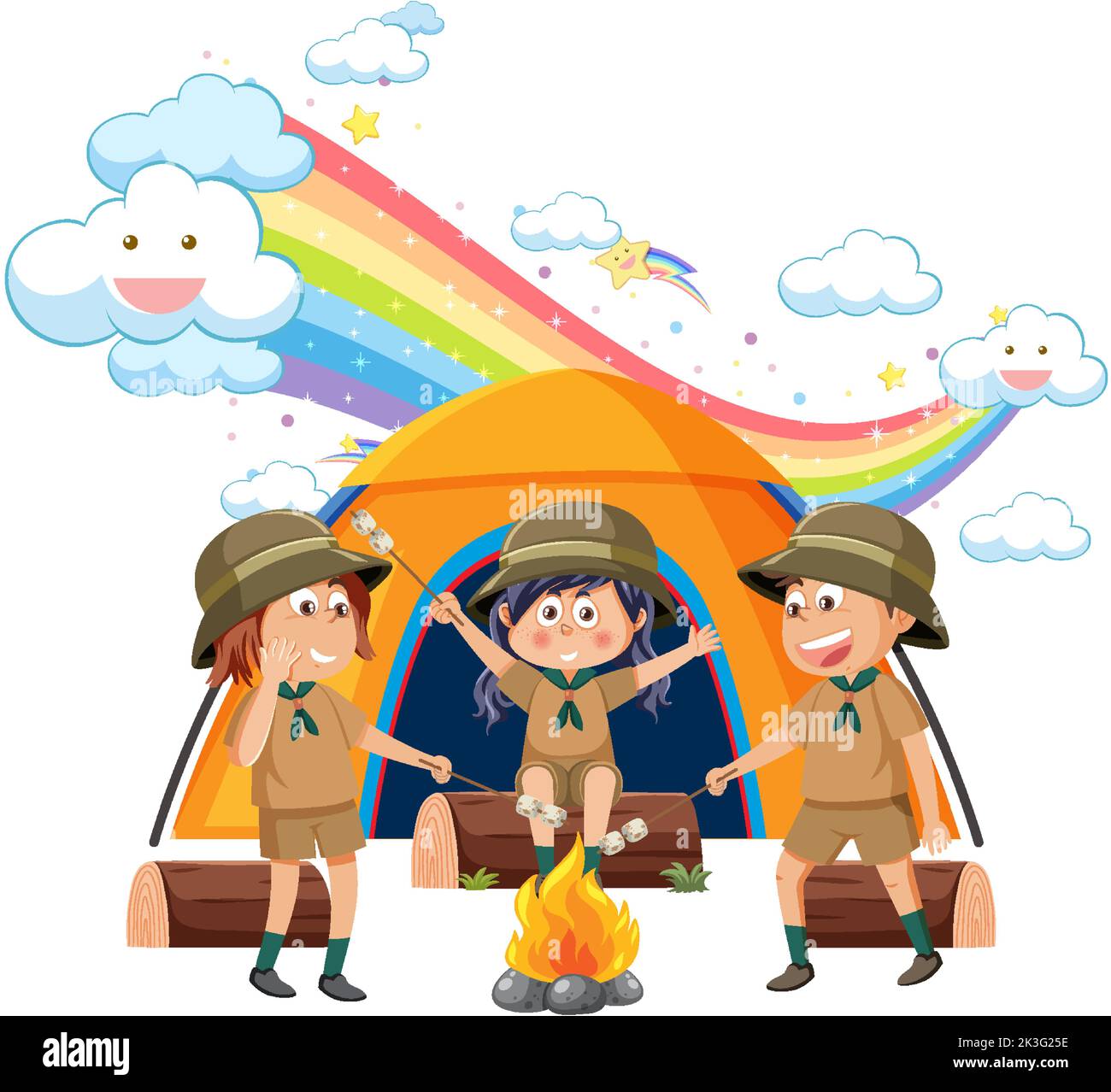 Camping kids with rainbow in the sky illustration Stock Vector Image ...