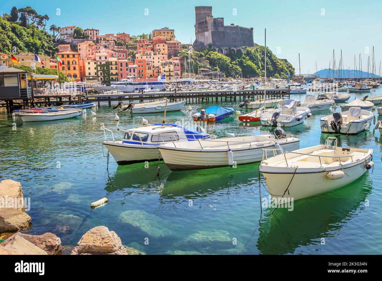 Lerici bay and marina with sailboats, Cinque Terre, Liguria, Italy with boats Stock Photo