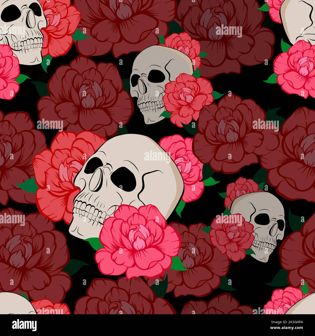 Gothic seamless pattern with roses and skulls. Vector Illustration Stock Vector