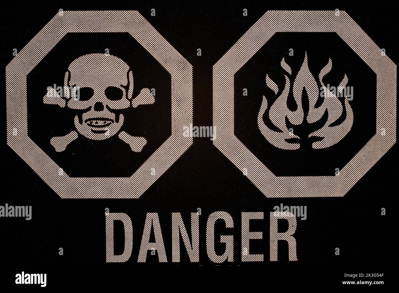 Danger poisonous fire hazard pictogram label on consumer product packaging. Stock Photo