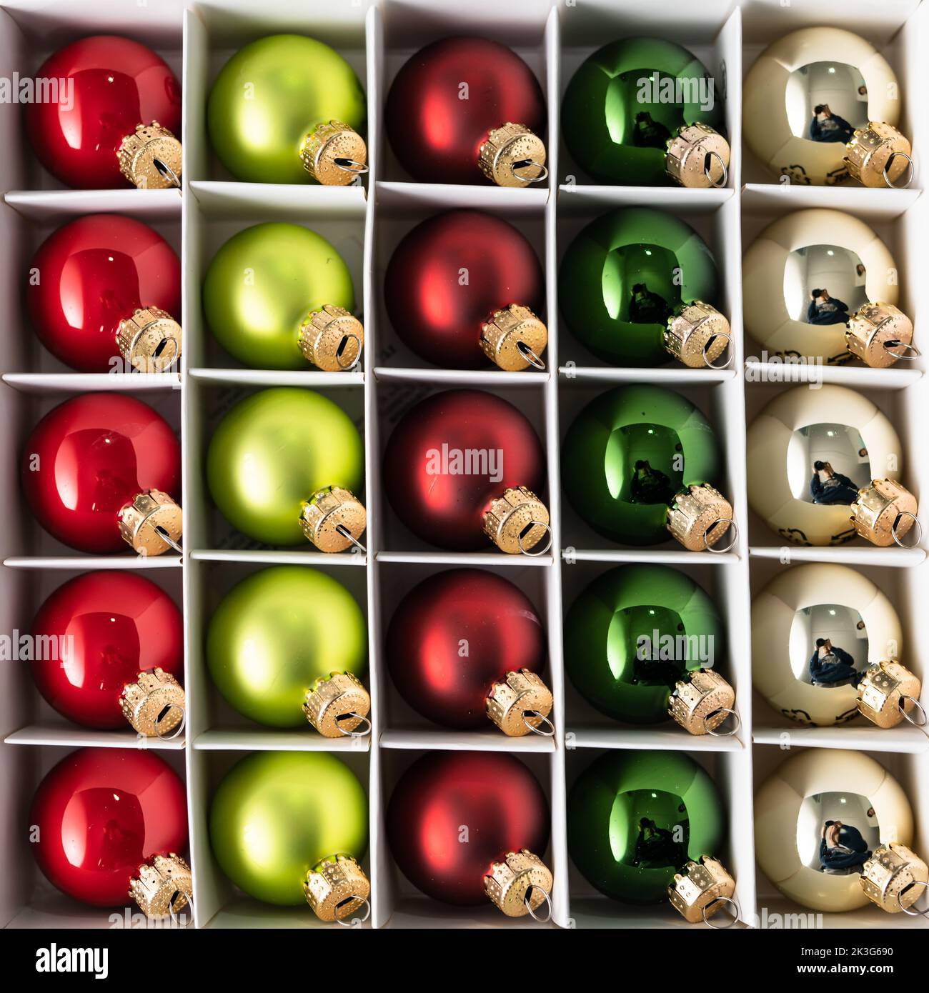 Close up on box full of Christmas tree decoration full frame Stock Photo