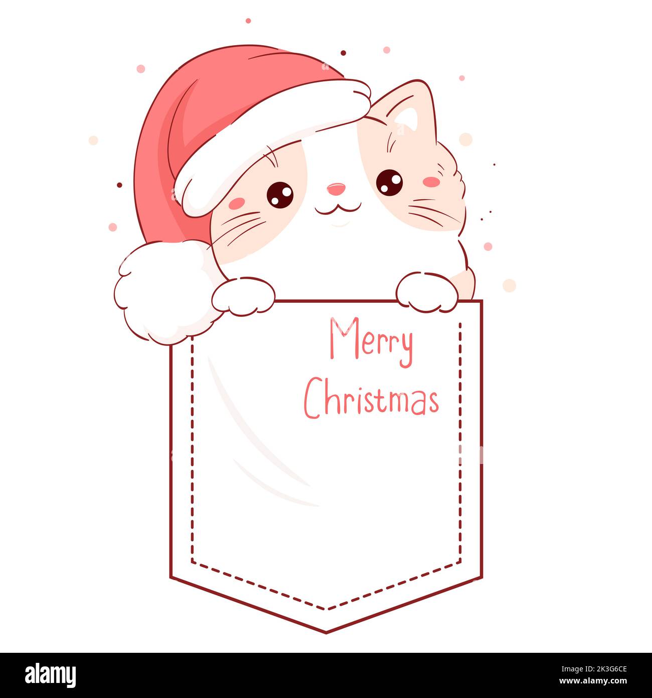 Lovely cat in pocket. Inscription Merry Christmas. Baby print with kitty in pocket. Childish print with funny pet for t-shirt. Cute xmas card with kit Stock Vector