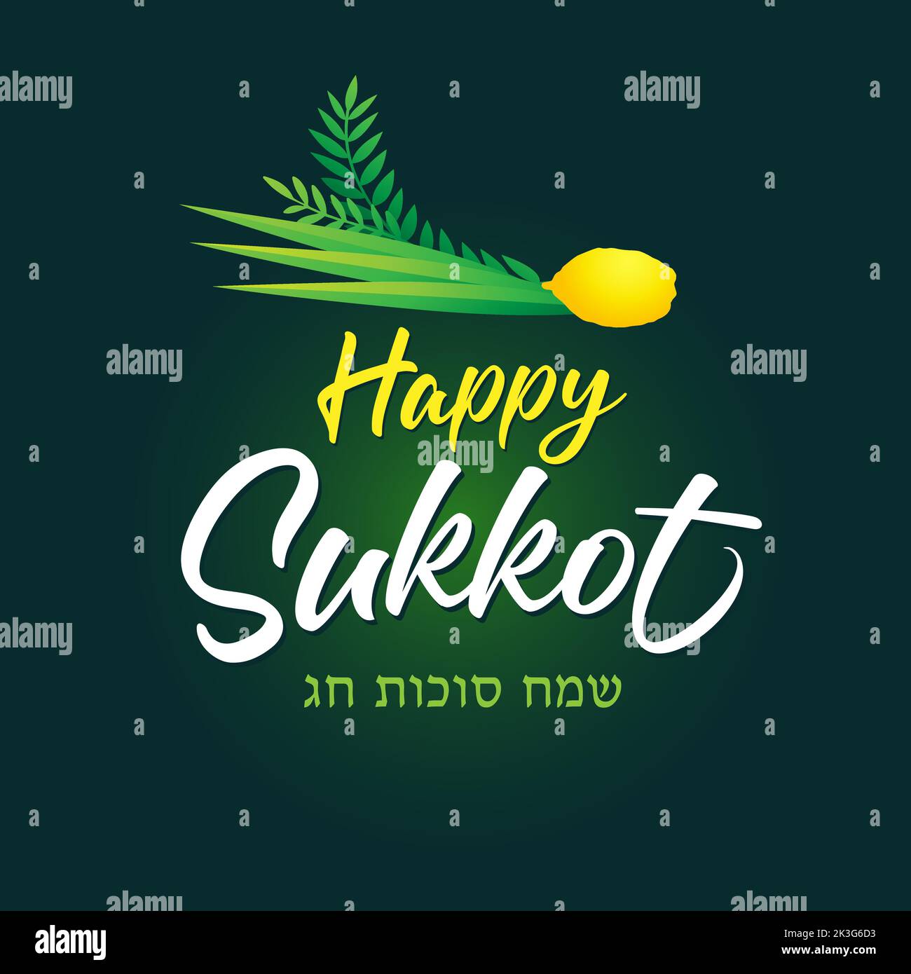 Happy Sukkot lettering and lulav. Jewish holiday banner with etrog, lulav, hadas, arava and green background. Vector Illustration Stock Vector