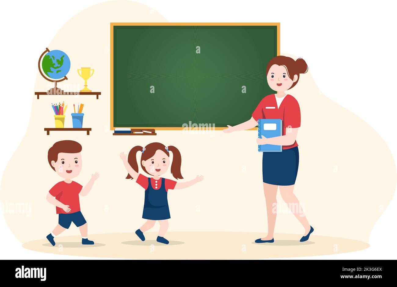 Primary School with Cute Little Students Studying in the Classroom in Hand Drawn Flat Cartoon Illustration Template Stock Vector