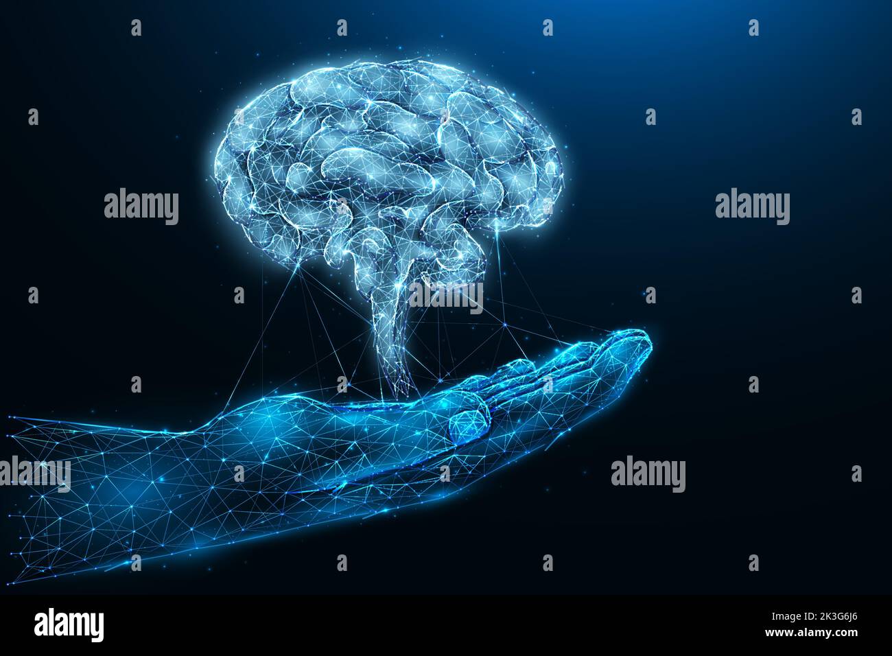 Polygonal vector illustration of a human brain on the palm of a hand ...