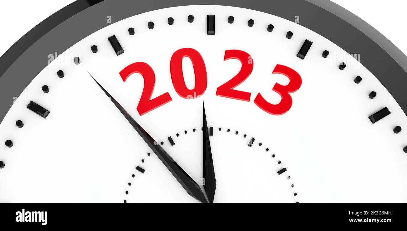 Black clock with number 2023 represents coming new year 2023, three-dimensional rendering, 3D illustration Stock Photo