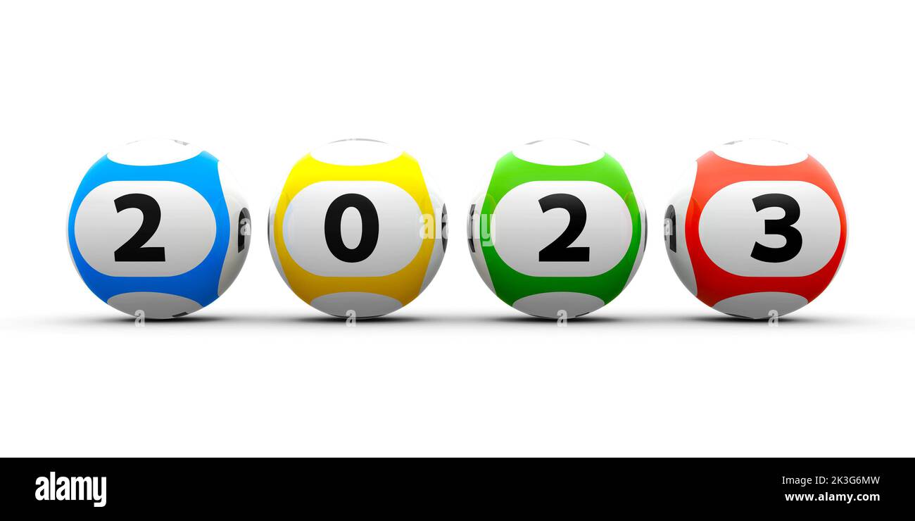 Lottery balls on a white table represents the new 2023 year, three-dimensional rendering, 3D illustration Stock Photo