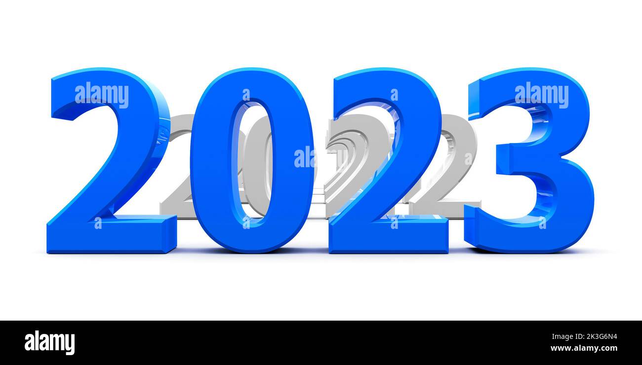 Blue 2023 come represents the new year 2023, three-dimensional rendering, 3D illustration Stock Photo