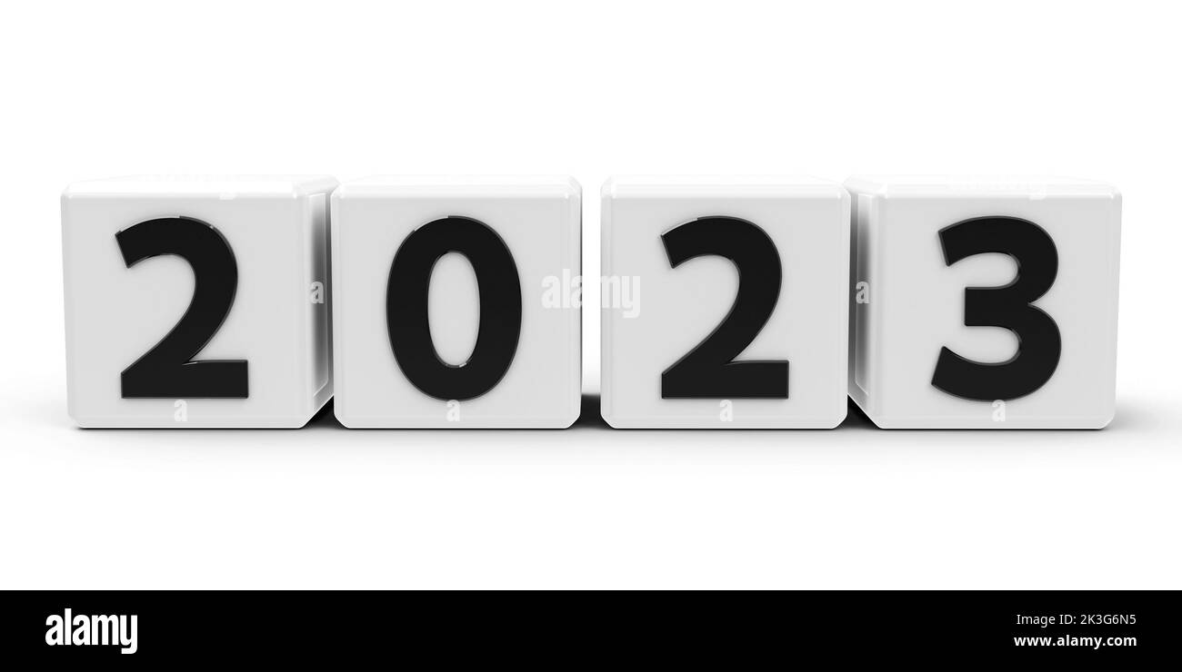 White cubes with number 2023 represent the new 2023 year, on a white table, three-dimensional rendering, 3D illustration Stock Photo