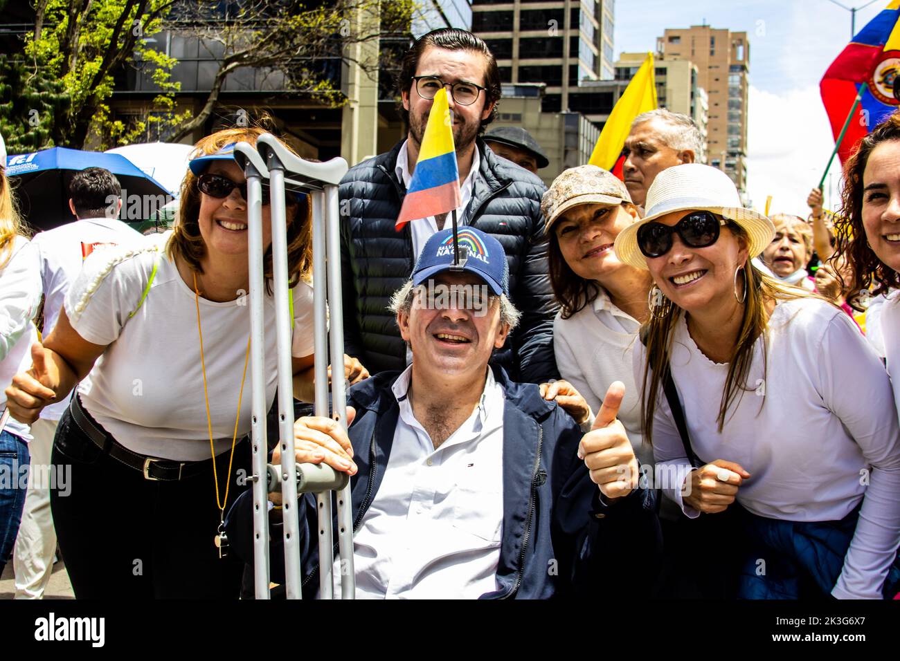 BOGOTA, COLOMBIA - 26 SEPTEMBER 2022. The opposition leader Enrique Gomez at the peaceful protest marches in Bogotá Colombia against the government of Stock Photo