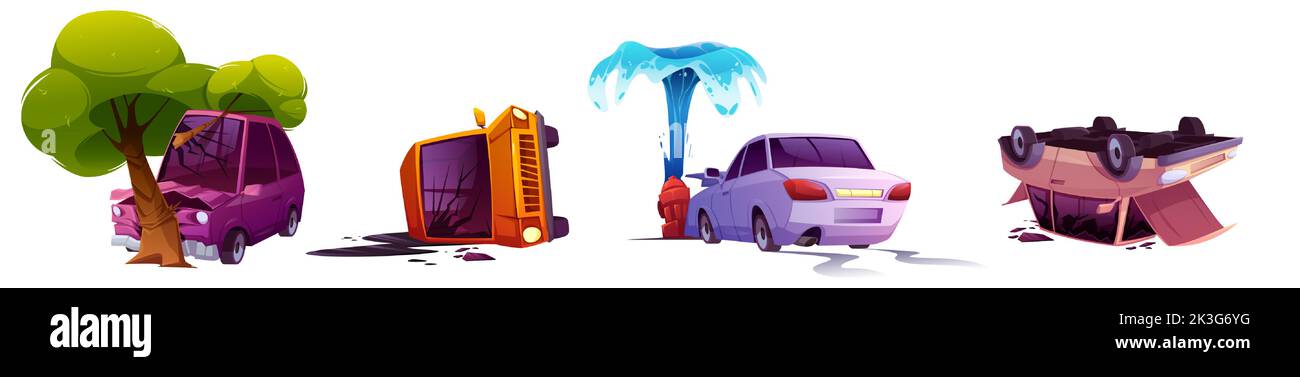 Road accident, broken car lying on roof and door, bump into tree and water hydrant, Isolated automobiles dangerous insurance situation, accidental damage, crashed vehicles, Cartoon vector illustration Stock Vector