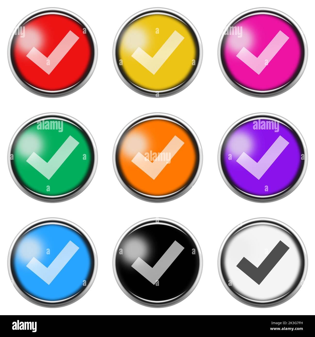 Tick check mark button icon set with clipping path 3d illustration