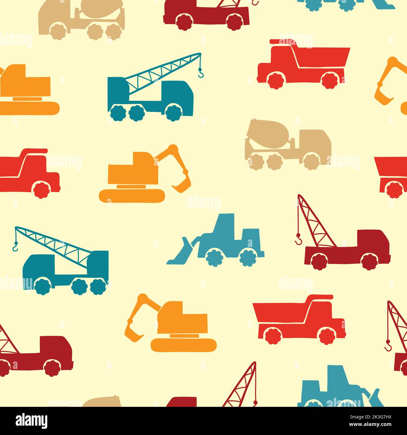 Seamless colorful transport pattern with construction trucks. Stock Vector