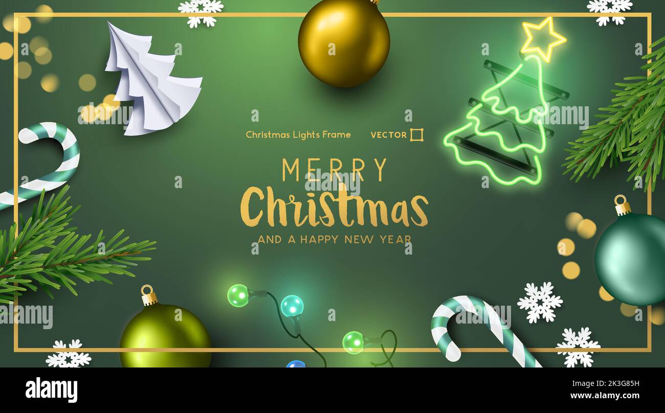 Festive green Christmas celebration background layout with decorations ...