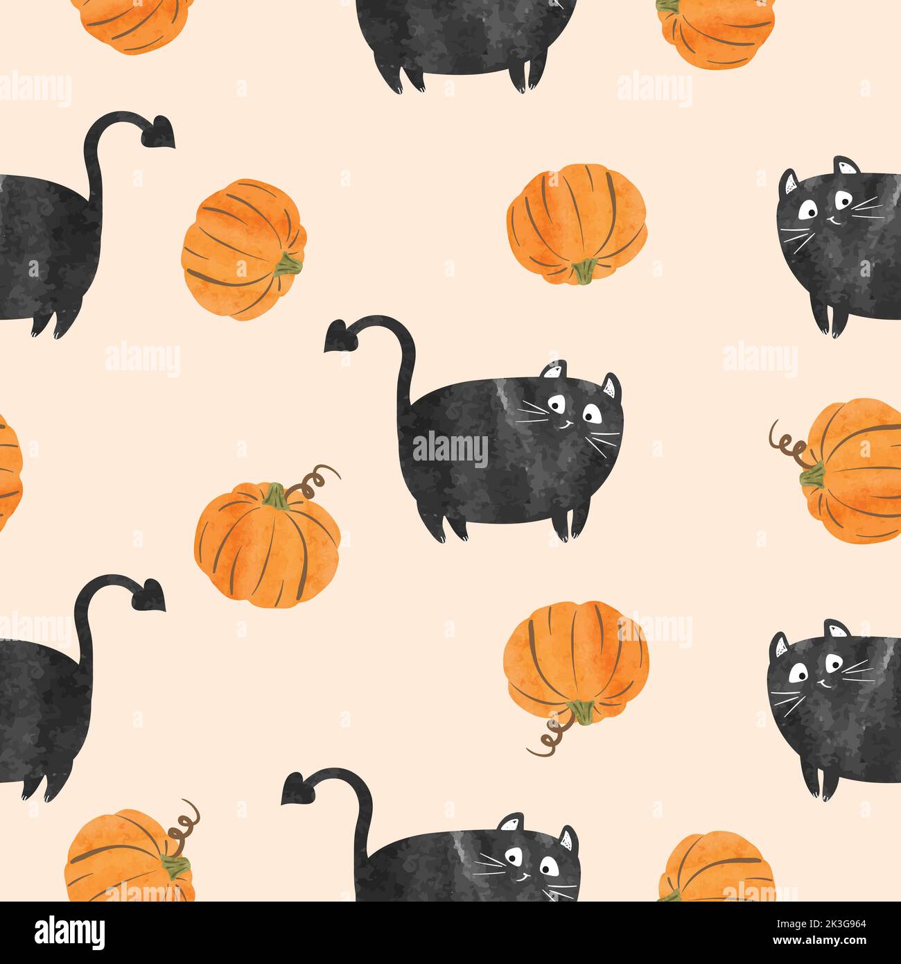 Seamless Halloween pattern with funny black cats and pumpkins. Vector ...