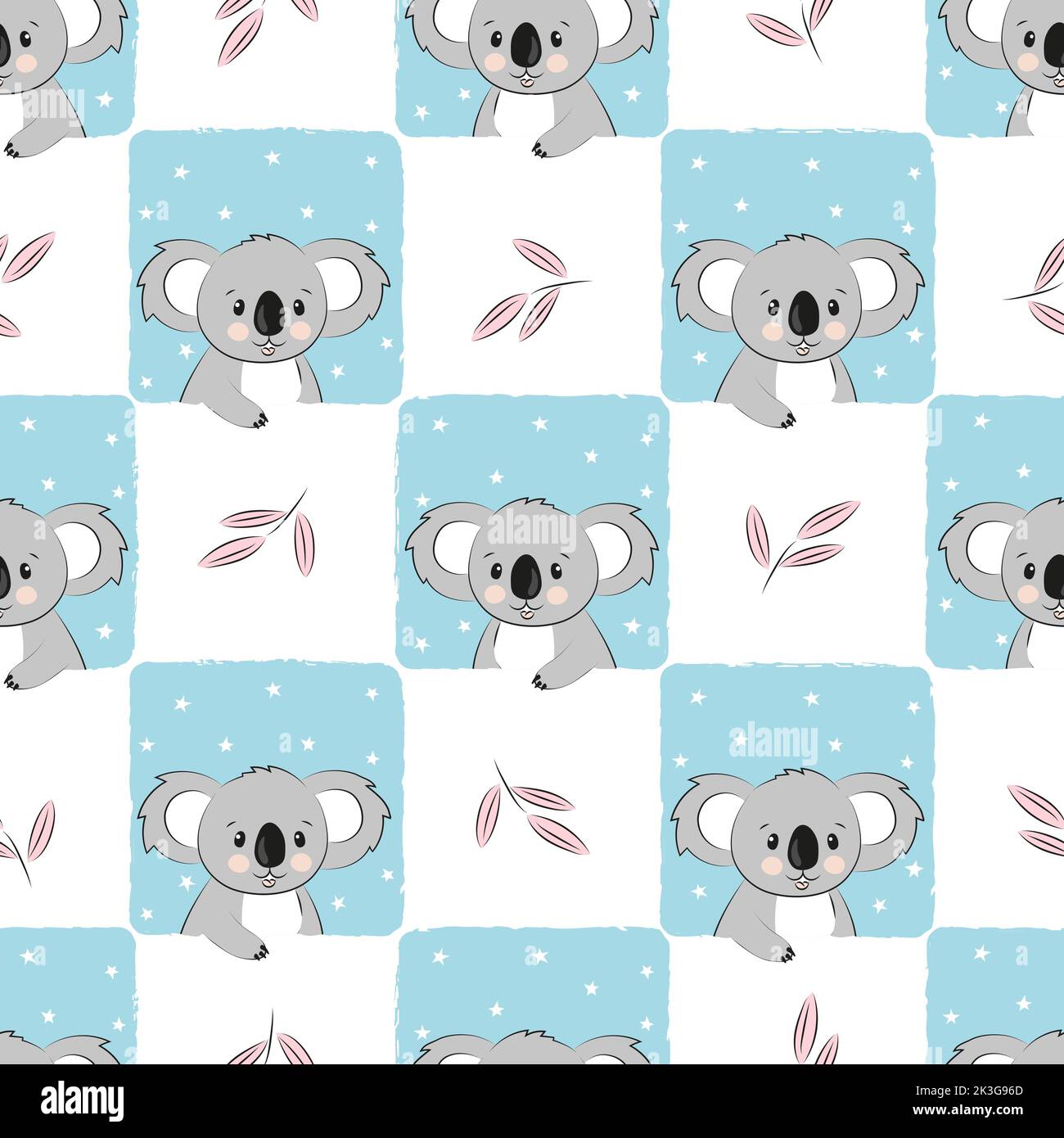 Seamless checked pattern with cute cartoon koala bear. Baby print. Stock Vector