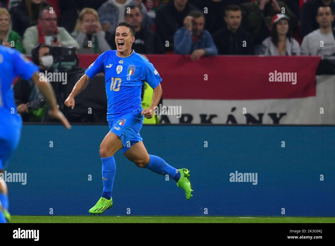 Budapest, Hungary, September 26, 2022, Giacomo Raspadori (Italy) celebrates after scoring his team's first goal during the UEFA 'Nations League 2022-2023' match between Hungary 0-2 Italy at Puskas Arena on September 26, 2022 in Budapest, Hungary. Credit: Maurizio Borsari/AFLO/Alamy Live News Stock Photo